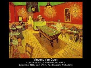 Vincent Van Gogh
« Le café de nuit, place Lamartine, Arles »
(septembre 1888, 72.4 x 92.1, Yale University Art Gallery)
 