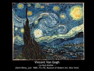 Vincent Van Gogh
« La Nuit étoilée »
(Saint-Rémy, juin 1889, 73 x 92, Museum of Modern Art, New York)
 