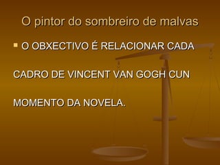 O pintor do sombreiro de malvasO pintor do sombreiro de malvas
 O OBXECTIVO É RELACIONAR CADAO OBXECTIVO É RELACIONAR CADA
CADRO DE VINCENT VAN GOGH CUNCADRO DE VINCENT VAN GOGH CUN
MOMENTO DA NOVELA.MOMENTO DA NOVELA.
 