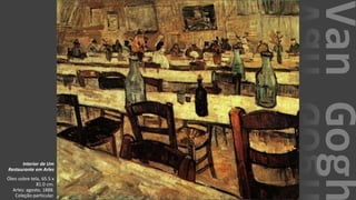 VanGogh
Interior de Um
Restaurante em Arles
Óleo sobre tela, 65.5 x
81.0 cm.
Arles: agosto, 1888.
Coleção particular.
 