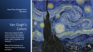 Van Gogh’s
Colors
How They Changed Over
the Years
There was a total of 1928
works of art in this dataset,
which includes oil paintings,
water colors, drawings and
sketches.
Most of the drawings and
sketches were primarily gray
and black.
 