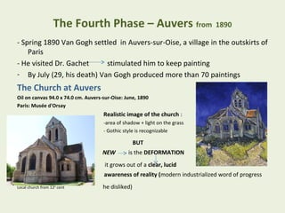 The Fourth Phase – Auvers from 1890
- Spring 1890 Van Gogh settled in Auvers-sur-Oise, a village in the outskirts of
Paris
- He visited Dr. Gachet stimulated him to keep painting
- By July (29, his death) Van Gogh produced more than 70 paintings
The Church at Auvers
Oil on canvas 94.0 x 74.0 cm. Auvers-sur-Oise: June, 1890
Paris: Musée d'Orsay
Realistic image of the church :
-area of shadow + light on the grass
- Gothic style is recognizable
BUT
NEW is the DEFORMATION
it grows out of a clear, lucid
awareness of reality (modern industrialized word of progress
Local church from 12th cent he disliked)
 