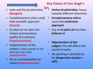 Key Points of Van Gogh’s
Arto wide and flat brushstrokes
(Gauguin)
o Complementary colors used
with scientific approach
(Seurat)
o En plain air to catch the
instant and transitory
quality of a moment
(impresssionism)
o Subjectivation of the
subject: reality imprints on the
observer’s eye retina
(impressionists)
o Art is a contemplation of
nature (impressionism)
• Vortex brushstrokes, heavy
towards different directions
• Complementary colors
used with instinctive
approach
• Use of en plein air but then
deforms it
• Objectivation of the
subject: the self affects the
world of reality
• His painting is dictated by
his desperation (action +
will)
 