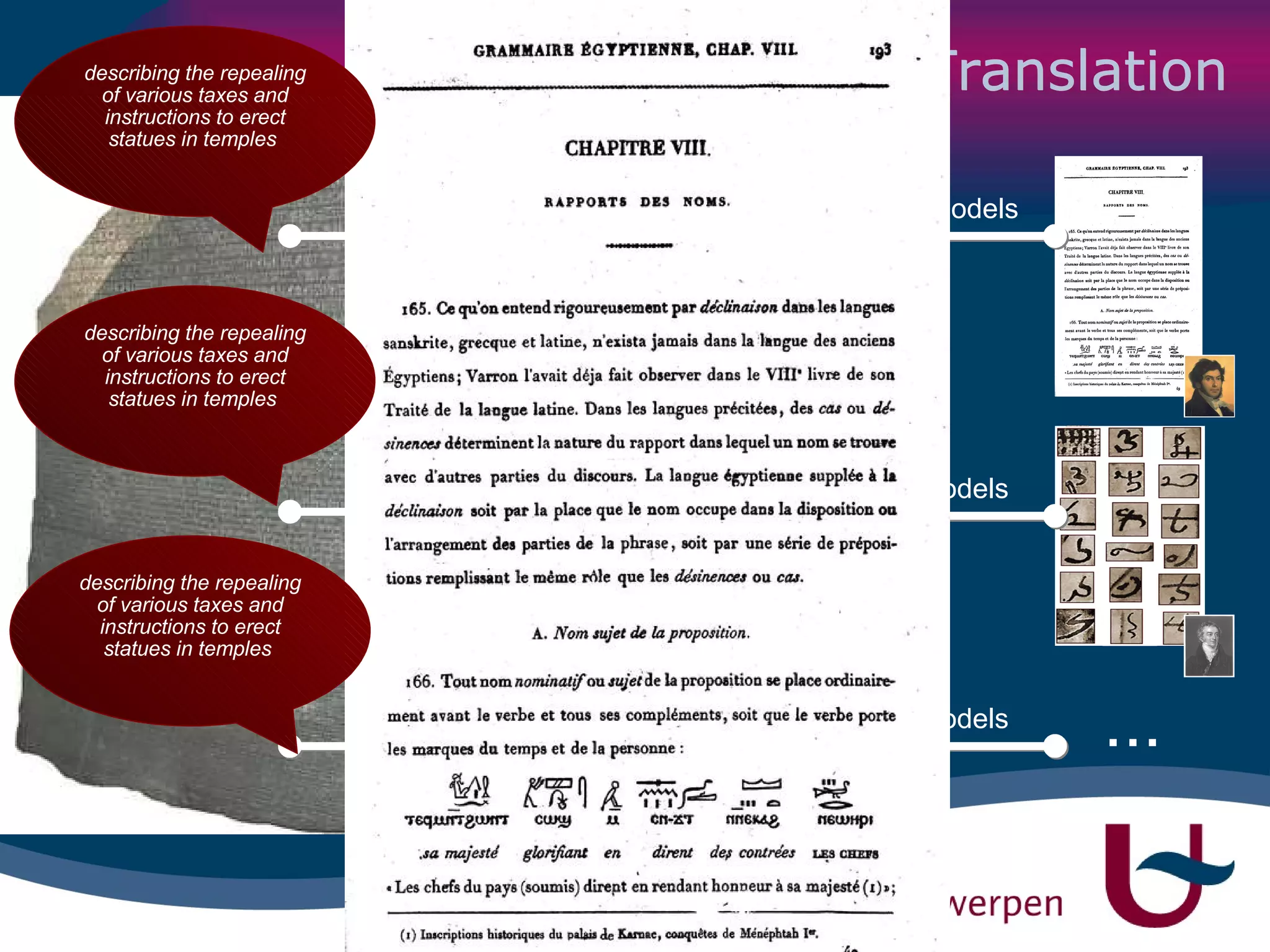 Principles of Translation conforms-to conforms-to conforms-to Hieroglyphic models Demotic Ancient Greek models ... models describing the repealing of various taxes and instructions to erect statues in temples  describing the repealing of various taxes and instructions to erect statues in temples  describing the repealing of various taxes and instructions to erect statues in temples  