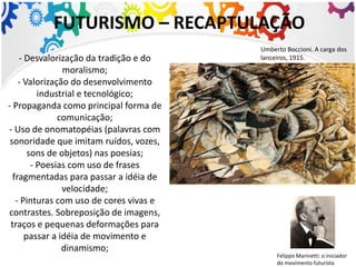 FUTURISMO – RECAPTULAÇÃO
- Desvalorização da tradição e do
moralismo;
- Valorização do desenvolvimento
industrial e tecnológico;
- Propaganda como principal forma de
comunicação;
- Uso de onomatopéias (palavras com
sonoridade que imitam ruídos, vozes,
sons de objetos) nas poesias;
- Poesias com uso de frases
fragmentadas para passar a idéia de
velocidade;
- Pinturas com uso de cores vivas e
contrastes. Sobreposição de imagens,
traços e pequenas deformações para
passar a idéia de movimento e
dinamismo;
Felippo Marinetti: o iniciador
do movimento futurista
Umberto Boccioni. A carga dos
lanceiros, 1915.
 