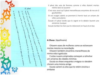 Il pleut des voix de femmes comme si elles étaient mortes
même dans le souvenir
C'est vous aussi qu'il pleut merveilleuses encontres de ma vie ô
gouttelettes
Et ces nuages cabrés se prennent à hennir tout un univers de
villes auriculaires
Écoute s'il pleut tandis que le regret et le dédain leurent une
ancienne musique
Ecoute tomber les liens qui te retiennent en haut et en bas
A Chuva (Apollinaire)
Chovem vozes de mulheres como se estivessem
mortas mesmo na recordação
Chovem também encontros maravilhosos da
minha vida ó gotículas
E estas nuvens empinadas começam a relinchar
um universo de cidades mínimas
Escuta se chove enquanto a mágoa e o desdém
choram uma música antiga
Escuta caírem os elos que te retém encima e
embaixo
 