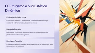 preencoded.png
O Futurismo e Sua Estética
Dinâmica
Exaltação da Velocidade
O Futurismo enaltecia a modernidade, a velocidade e a tecnologia,
celebrando o dinamismo da vida contemporânea.
Ideologia Fascista
Infelizmente, o Futurismo também se associou à ideologia fascista,
glorificando a violência e a agressão.
Manifesto Futurista
O manifesto de Filippo Marinetti declarava a rejeição ao passado em favor
da inovação e do progresso.
 