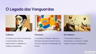 preencoded.png
O Legado das Vanguardas
Cubismo
O Cubismo de Picasso revolucionou
a representação artística,
fragmentando a realidade em
múltiplas perspectivas.
Fauvismo
O Fauvismo de Matisse celebrou a
liberdade expressiva através do uso
de cores intensas e simplificação das
formas.
Surrealismo
O Surrealismo explorou o
inconsciente e o irracional, criando
imagens oníricas e inesperadas.
 