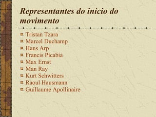 Representantes do início do movimento Tristan Tzara   Marcel Duchamp   Hans Arp   Francis Picabia   Max Ernst   Man Ray   Kurt Schwitters   Raoul Hausmann   Guillaume Apollinaire   