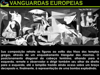 Sua composição retrata as figuras ao estilo dos frisos dos templos gregos, através de um enquadramento triangular das mesmas. O posicionamento diagonal da cabeça feminina, olhando para a esquerda, remete o observador a dirigir também seu olhar da direita para a esquerda, até o lampião trazido ainda aceso sobre um braço decepado e, finalmente, à representação de uma bomba explodindo. 