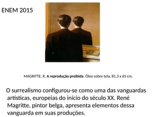 ENEM 2015
MAGRITTE, R. A reprodução proibida. Óleo sobre tela, 81,3 x 65 cm.
O surrealismo configurou-se como uma das vanguardas
artísticas, europeias do início do século XX. René
Magritte, pintor belga, apresenta elementos dessa
vanguarda em suas produções.
 