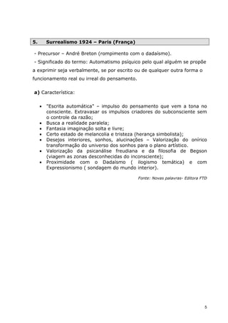 5.       Surrealismo 1924 – Paris (França)

- Precursor – André Breton (rompimento com o dadaísmo).
- Significado do termo: Automatismo psíquico pelo qual alguém se propõe
a exprimir seja verbalmente, se por escrito ou de qualquer outra forma o
funcionamento real ou irreal do pensamento.

a) Característica:


     •   "Escrita automática" – impulso do pensamento que vem a tona no
         consciente. Extravasar os impulsos criadores do subconsciente sem
         o controle da razão;
     •   Busca a realidade paralela;
     •   Fantasia imaginação solta e livre;
     •   Certo estado de melancolia e tristeza (herança simbolista);
     •   Desejos interiores, sonhos, alucinações – Valorização do onírico
         transformação do universo dos sonhos para o plano artístico.
     •   Valorização da psicanálise freudiana e da filosofia de Begson
         (viagem as zonas desconhecidas do inconsciente);
     •   Proximidade com o Dadaísmo ( ilogismo temática) e com
         Expressionismo ( sondagem do mundo interior).

                                              Fonte: Novas palavras- Editora FTD




                                                                              5
 
