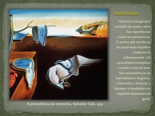 Surrealismo
Valoriza o imaginário
extraído do sonho, além
das experiências
criadoras automáticas.
O artista põe na tela ou
no papel seus impulsos
criadores do
subconsciente. Os
surrealistas transpõem
o sonho à obra de arte.
São características do
Surrealismo o ilogismo,
o devaneio, a loucura, a
hipnose, o inusitado e os
impulsos humanos em
geral.
A persistência da memória, Salvador Dali, 1931
 