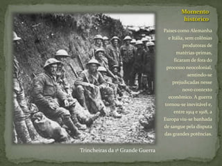 Momento
histórico
Países como Alemanha
e Itália, sem colônias
produtoras de
matérias-primas,
ficaram de fora do
processo neocolonial,
sentindo-se
prejudicadas nesse
novo contexto
econômico. A guerra
tornou-se inevitável e,
entre 1914 e 1918, a
Europa viu-se banhada
de sangue pela disputa
das grandes potências.
Trincheiras da 1ª Grande Guerra
 