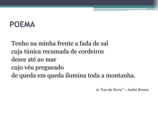POEMA
Tenho na minha frente a fada de sal
cuja túnica recamada de cordeiros
desce até ao mar
cujo véu pregueado
de queda em queda ilumina toda a montanha.
in “Luz da Terra” – André Breton
 