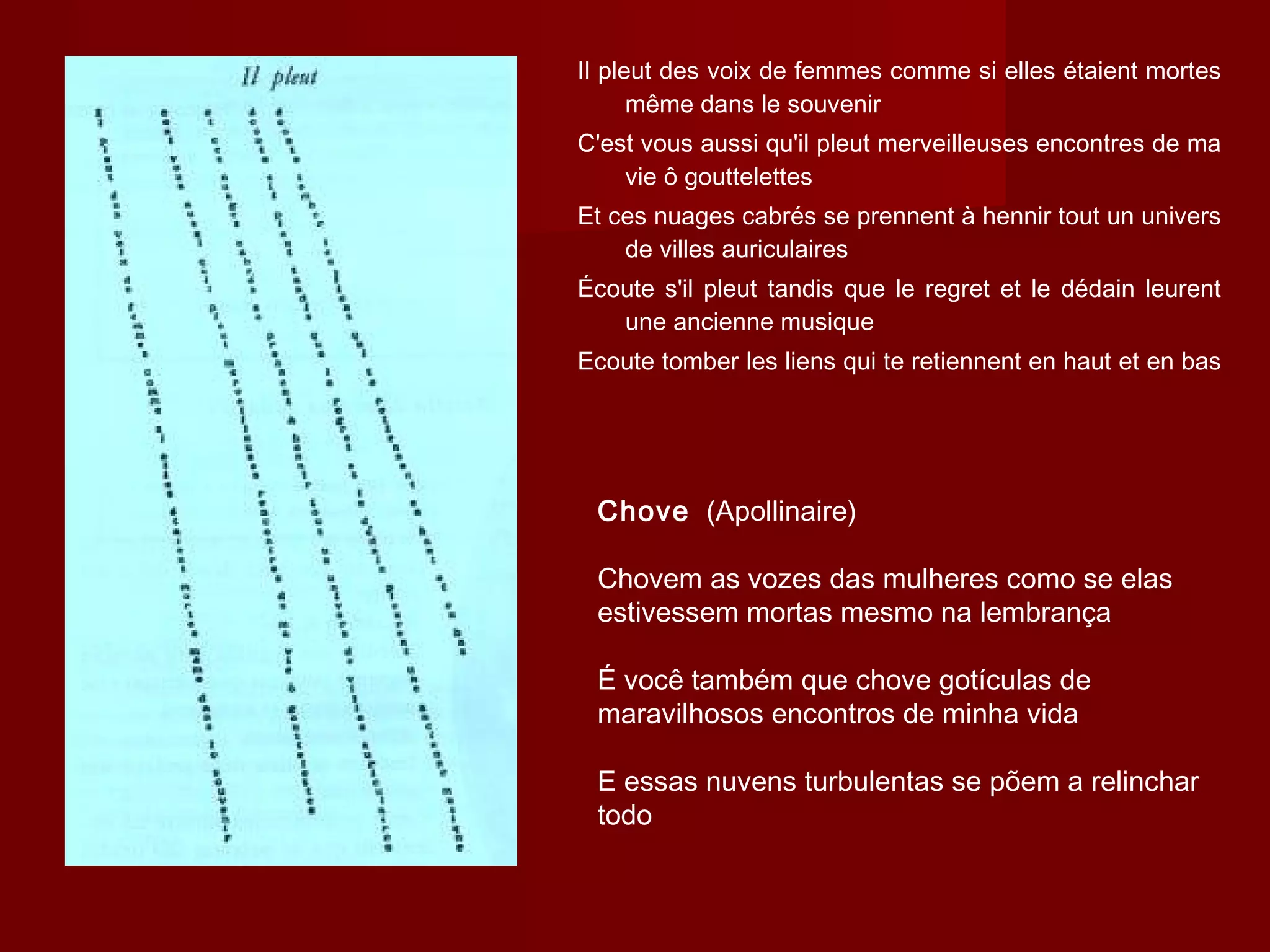 Il pleut des voix de femmes comme si elles étaient mortes
même dans le souvenir
C'est vous aussi qu'il pleut merveilleuses encontres de ma
vie ô gouttelettes
Et ces nuages cabrés se prennent à hennir tout un univers
de villes auriculaires
Écoute s'il pleut tandis que le regret et le dédain leurent
une ancienne musique
Ecoute tomber les liens qui te retiennent en haut et en bas
Chove (Apollinaire)
Chovem as vozes das mulheres como se elas
estivessem mortas mesmo na lembrança
É você também que chove gotículas de
maravilhosos encontros de minha vida
E essas nuvens turbulentas se põem a relinchar
todo
 