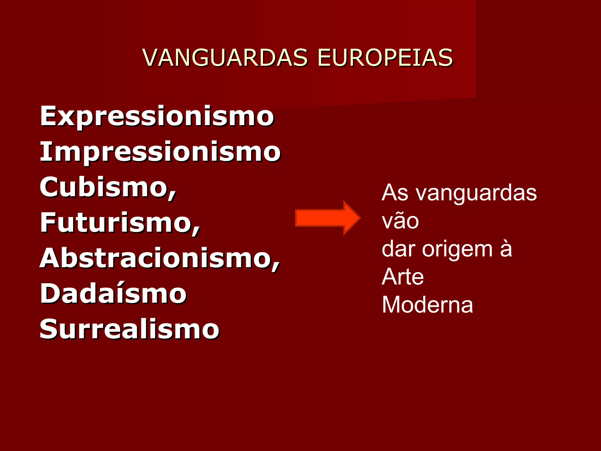 ExpressionismoExpressionismo
ImpressionismoImpressionismo
Cubismo,Cubismo,
Futurismo,Futurismo,
Abstracionismo,Abstracionismo,
DadaísmoDadaísmo
SurrealismoSurrealismo
VANGUARDAS EUROPEIASVANGUARDAS EUROPEIAS
As vanguardas
vão
dar origem à
Arte
Moderna
 