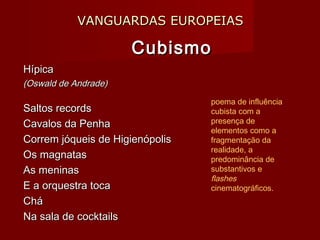 VANGUARDAS EUROPEIASVANGUARDAS EUROPEIAS
CubismoCubismo
HípicaHípica
(Oswald de Andrade)(Oswald de Andrade)
Saltos recordsSaltos records
Cavalos da PenhaCavalos da Penha
Correm jóqueis de HigienópolisCorrem jóqueis de Higienópolis
Os magnatasOs magnatas
As meninasAs meninas
E a orquestra tocaE a orquestra toca
CháChá
Na sala de cocktailsNa sala de cocktails
poema de influência
cubista com a
presença de
elementos como a
fragmentação da
realidade, a
predominância de
substantivos e
flashes
cinematográficos.
 