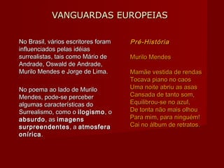VANGUARDAS EUROPEIASVANGUARDAS EUROPEIAS
Pré-HistóriaPré-História
Murilo MendesMurilo Mendes
Mamãe vestida de rendasMamãe vestida de rendas
Tocava piano no caosTocava piano no caos
Uma noite abriu as asasUma noite abriu as asas
Cansada de tanto som,Cansada de tanto som,
Equilibrou-se no azul,Equilibrou-se no azul,
De tonta não mais olhouDe tonta não mais olhou
Para mim, para ninguém!Para mim, para ninguém!
Cai no álbum de retratos.Cai no álbum de retratos.
No Brasil, vários escritores foramNo Brasil, vários escritores foram
influenciados pelas idéiasinfluenciados pelas idéias
surrealistas, tais como Mário desurrealistas, tais como Mário de
Andrade, Oswald de Andrade,Andrade, Oswald de Andrade,
Murilo Mendes e Jorge de Lima.Murilo Mendes e Jorge de Lima.
No poema ao lado de MuriloNo poema ao lado de Murilo
Mendes, pode-se perceberMendes, pode-se perceber
algumas características doalgumas características do
Surrealismo, como oSurrealismo, como o ilogismoilogismo, o, o
absurdoabsurdo, as, as imagensimagens
surpreendentessurpreendentes , a, a atmosferaatmosfera
oníricaonírica..
 