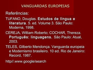 VANGUARDAS EUROPEIASVANGUARDAS EUROPEIAS
Referências:Referências:
TUFANO, Douglas.TUFANO, Douglas. Estudos de língua eEstudos de língua e
literaturaliteratura. 5. ed. Volume 3. São Paulo:. 5. ed. Volume 3. São Paulo:
Moderna, 1998.Moderna, 1998.
CEREJA, William Roberto; COCHAR, Thereza.CEREJA, William Roberto; COCHAR, Thereza.
Português: linguagens.Português: linguagens. São Paulo: Atual,São Paulo: Atual,
2003.2003.
TELES, Gilberto Mendonça. Vanguarda europeiaTELES, Gilberto Mendonça. Vanguarda europeia
e Modernismo brasileiro. 10 ed. Rio de Janeiro:e Modernismo brasileiro. 10 ed. Rio de Janeiro:
Record, 1987.Record, 1987.
http//.www.google/searchhttp//.www.google/search
 