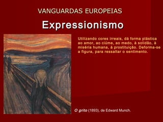 VANGUARDAS EUROPEIASVANGUARDAS EUROPEIAS
ExpressionismoExpressionismo
O grito (1893), de Edward Munch.
Utilizando cores irreais, dá forma plástica
ao amor, ao ciúme, ao medo, à solidão, à
miséria humana, à prostituição. Deforma-se
a figura, para ressaltar o sentimento.
 