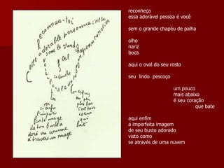 reconheça
essa adorável pessoa é você
sem o grande chapéu de palha
olho
nariz
boca
aqui o oval do seu rosto
seu lindo pescoço
um pouco
mais abaixo
é seu coração
que bate
aqui enfim
a imperfeita imagem
de seu busto adorado
visto como
se através de uma nuvem
 