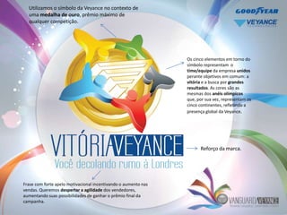 Utilizamos o símbolo da Veyance no contexto de
  uma medalha de ouro, prêmio máximo de
  qualquer competição.




                                                                Os cinco elementos em torno do
                                                                símbolo representam o
                                                                time/equipe da empresa unidos
                                                                perante objetivos em comum: a
                                                                vitória e a busca por grandes
                                                                resultados. As cores são as
                                                                mesmas dos anéis olímpicos
                                                                que, por sua vez, representam os
                                                                cinco continentes, refletindo a
                                                                presença global da Veyance.




                                                                      Reforço da marca.




Frase com forte apelo motivacional incentivando o aumento nas
vendas. Queremos despertar a agilidade dos vendedores,
aumentando suas possibilidades de ganhar o prêmio final da
campanha.
 