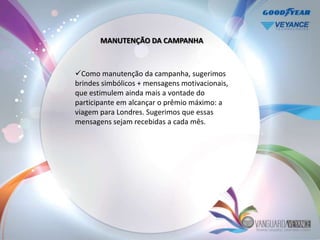 MANUTENÇÃO DA CAMPANHA



Como manutenção da campanha, sugerimos
brindes simbólicos + mensagens motivacionais,
que estimulem ainda mais a vontade do
participante em alcançar o prêmio máximo: a
viagem para Londres. Sugerimos que essas
mensagens sejam recebidas a cada mês.
 