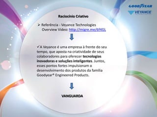 Raciocínio Criativo

 Referência - Veyance Technologies
  Overview Video: http://migre.me/6f4GL



A Veyance é uma empresa à frente do seu
tempo, que aposta na criatividade de seus
colaboradores para oferecer tecnologias
inovadoras e soluções inteligentes. Juntos,
esses pontos fortes impulsionam o
desenvolvimento dos produtos da família
Goodyear® Engineered Products.




               VANGUARDA
 