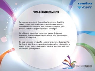 FESTA DE ENCERRAMENTO



Para o encerramento da Vanguarda e lançamento da Vitória
Veyance, sugerimos uma festa com a temática de Londres,
utilizando soldados ingleses, aros e símbolos olímpicos, para
motivar ainda mais os participantes da convenção.

No telão será transmitido novamente o vídeo destacando
momentos de superação de grandes atletas, bem como imagens
alusivas às Olimpíadas.

No local teremos a pira que foi acesa no lançamento da campanha.
No final da festa de encerramento entrará um atleta e transmitirá a
chama da para uma tocha e sairá da plenária, marcando o início da
corrida pelo grande prêmio.
 