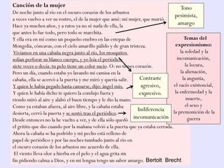 Canción de la mujer
De noche junto al río en el oscuro corazón de los arbustos
a veces vuelvo a ver su rostro, el de la mujer que amé: mi mujer, que murió.
Hace ya muchos años, y a ratos ya no sé nada de ella, la
que antes lo fue todo, pero todo se marchita.
Y ella era en mí como un pequeño enebro en las estepas de
Mongolia, cóncavas, con el cielo amarillo pálido y de gran tristeza.
Vivíamos en una cabaña negra junto al río, los mosquitos
solían perforar su blanco cuerpo, y yo leía el periódico
siete veces o decía: tu pelo tiene un color sucio. O: no tienes corazón.
Pero un día, cuando estaba yo lavando mi camisa en la
cabaña, ella se acercó a la puerta y me miró y quería salir.
Y quien le había pegado hasta cansarse, dijo: ángel mío.
Y quien le había dicho te quiero la condujo fuera y
riendo miró al aire y alabó el buen tiempo y le dio la mano.
Como ya estaban afuera, al aire libre, y la cabaña estaba
desierta, cerró la puerta y se sentó tras el periódico.
Desde entonces no la he vuelto a ver, y de ella sólo quedó
el gritito que dio cuando por la mañana volvió a la puerta que ya estaba cerrada.
Ahora la cabaña se ha podrido y mi pecho está relleno de
papel de periódico y por las noches tumbado junto al río en
el oscuro corazón de los arbustos me acuerdo de ella.
El viento lleva olor a hierba en el pelo y el agua grita sin
fin pidiendo calma a Dios, y en mi lengua tengo un sabor amargo. Bertolt Brecht
Temas del
expresionismo:
la soledad y la
incomunicación,
la locura,
la alienación,
la angustia,
el vacío existencial,
la enfermedad y la
muerte,
el sexo y
la premonición de la
guerra
Tono
pesimista,
amargo
Contraste
agresivo,
expresivo.
Indiferencia
incomunicación
 