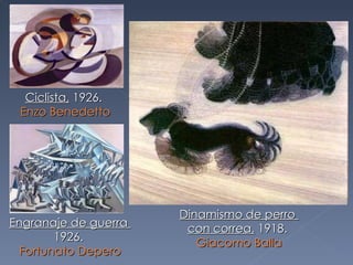 Ciclista,  1926.  Enzo Benedetto Engranaje de guerra  1926.  Fortunato Depero Dinamismo de perro  con correa,  1918.  Giacomo Balla 
