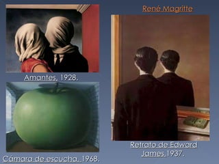 Amantes,  1928.  Cámara de escucha,  1968.  Retrato de Edward James, 1937.  René Magritte 