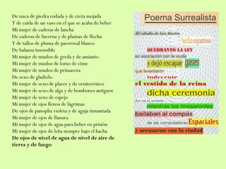 De nuca de piedra rodada y de creta mojada
Y de caída de un vaso en el que se acaba de beber
Mi mujer de caderas de lancha
De caderas de lucerna y de plumas de flecha
Y de tallos de pluma de pavorreal blanco
De balanza insensible
Mi mujer de muslos de greda y de amianto
Mi mujer de muslos de lomo de cisne
Mi mujer de muslos de primavera
De sexo de gladiolo
Mi mujer de sexo de placer y de ornitorrinco
Mi mujer de sexo de alga y de bombones antiguos
Mi mujer de sexo de espejo
Mi mujer de ojos llenos de lágrimas
De ojos de panoplia violeta y de aguja inmantada
Mi mujer de ojos de llanura
Mi mujer de ojos de agua para beber en prisión
Mi mujer de ojos de leña siempre bajo el hacha
De ojos de nivel de agua de nivel de aire de
tierra y de fuego
 