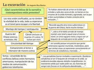 La excavación de Augusto Roa Bastos
¿Qué características de la narrativa
contemporánea están presentes?
Montaje del tiempo / contrapunto
Compromete al lector a
intervenir de manera activa
Circularidad del tiempo
Guerra del
Chaco (víctimas
acribilladas: 89)
Cárcel (reclusos ya
muertos 17 y otros 72
luchan por vivir)
Los reos están cosificados, ya no sienten
la vitalidad de la vida, toda su esperanza
es el túnel para escapar a la libertad.
“Se habían abstenido de orinar en la lata que
entraba y salía dos veces al día. Lo hacían en los
rincones de la celda húmeda y agrietada, con lo que
si bien aumentaban el hedor siniestro de la
reclusión…”
“Recordó aquella otra mina subterránea en
la guerra del Chaco, hacía mucho tiempo.”
“…sólo a él le había servido de trampa
mortal; este túnel y aquél eran el mismo
túnel; un único agujero recto y negro con un
boquete de entrada pero no de salida.”
Temas : sinsentido de los
conflictos bélicos entre hermanos
americanos; manipulación de los
medios de comunicación,
gobiernos totalitarios.
“…así sucedía porque era preciso que gente
americana siguiese muriendo, matándose, para
que ciertas cosas se expresaran correctamente en
términos de estadística y mercado, ….”
“…Los periodistas fueron invitados a examinarlo. Quedaron
satisfechos al ver el boquete de entrada en la celda. La
evidencia anulaba algunos detalles insignificantes: la
inexistente salida que nadie pidió ver, las manchas de
sangre aún frescas en la callejuela abandonada., ….”
 