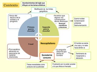 Contexto
Modificación de los límites
geográficos.
• Avances
científicos
y técnicos
Guerra nuclear.
Contaminación
ambiental.
Deshumanización.
Neocapitalismo
Sociedad de
consumo
Frustración por no poder acceder
a lo que ofrece el mercado
Falsas necesidades como
producto de la publicidad
El hombre se siente
una cosa y no sabe
hacia dónde va
Sentimiento de
marginación y
alienación.
Acontecimientos del siglo que
influyen en los temas artísticos
 