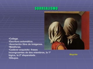 Magritte SURREALISMO Collage. Escritura automática. Asociación libre de imágenes. Metáforas. Cadáver exquisito: frases incongruentes de dos miembros, la 1ª lógica, la 2ª disparatada. Dibujos.  