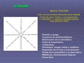 ULTRAÍSMO Madrid, 1918-1922 Crear con los mínimos elementos de la realidad   Fusión de otros “ismos” y el creacionismo.   V. HUIDOBRO, J. L. BORGES, GERARDO DIEEGO, GUILLERMO DE TORRE Evasión y juego. Ausencia de sentimentalismo. Eliminación de lo anecdótico.  Culto al maquinismo. Caligramas. Sinestesia, imagen doble y metáfora. Supresión de la rima y la puntuación Huida de lo anecdótico y lo descriptivo. Metáforas. Asociaciones ilógicas.  Verso libre . 