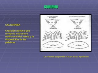CUBISMO La colombe poignardée et le jet d’eau. Apollinaire CALIGRAMA Creación poética que rompe la estructura tradicional del verso y la disposición de las palabras 
