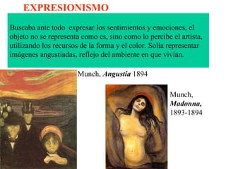EXPRESIONISMO Buscaba ante todo  expresar los sentimientos y emociones, el objeto no se representa como es, sino como lo percibe el artista, utilizando los recursos de la forma y el color. Solía representar imágenes angustiadas, reflejo del ambiente en que vivían. Munch,  Angustia  1894 Munch,  Madonna,  1893-1894 