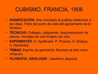 CUBISMO, FRANCIA, 1906
• SIGNIFICACIÓN: Arte vinculado al análisis intelectual, a
  las ideas. Parte del punto de vista del agotamiento de la
  fantasía.
• TÉCNICAS: Collages, caligramas, descomposición de
  planos, montajes de una imagen con otra.
• EXPONENTES: G. Apollinaire, P. Picasso, G. Braque,
  V. Kandinsky.
• TEMAS: Espíritu de geometría. Rechazo al arte como
  imitación.
• FILOSOFÍA, IDEOLOGÍA : Idealismo absoluto
 