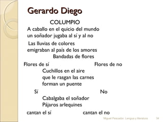 Gerardo Diego
COLUMPIO
A caballo en el quicio del mundo
un soñador jugaba al sí y al no
Las lluvias de colores
emigraban al país de los amores
        
Bandadas de flores
Flores de sí
Flores de no
        Cuchillos en el aire
        que le rasgan las carnes
        forman un puente
Sí
No
        Cabalgaba el soñador
        Pájaros arlequines
cantan el sí
cantan el no
Miguel Pescador. Lengua y literatura

34

 