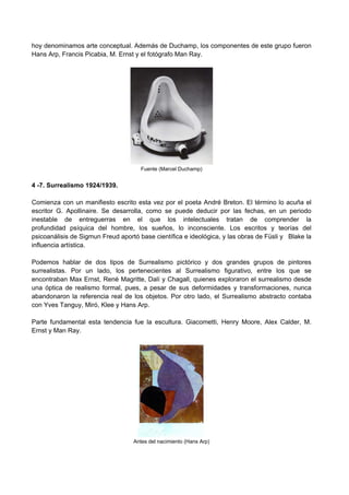 hoy denominamos arte conceptual. Además de Duchamp, los componentes de este grupo fueron
Hans Arp, Francis Picabia, M. Ernst y el fotógrafo Man Ray.
Fuente (Marcel Duchamp)
4 -7. Surrealismo 1924/1939.
Comienza con un manifiesto escrito esta vez por el poeta André Breton. El término lo acuña el
escritor G. Apollinaire. Se desarrolla, como se puede deducir por las fechas, en un periodo
inestable de entreguerras en el que los intelectuales tratan de comprender la
profundidad psíquica del hombre, los sueños, lo inconsciente. Los escritos y teorías del
psicoanálisis de Sigmun Freud aportó base científica e ideológica, y las obras de Füsli y Blake la
influencia artística.
Podemos hablar de dos tipos de Surrealismo pictórico y dos grandes grupos de pintores
surrealistas. Por un lado, los pertenecientes al Surrealismo figurativo, entre los que se
encontraban Max Ernst, René Magritte, Dalí y Chagall, quienes exploraron el surrealismo desde
una óptica de realismo formal, pues, a pesar de sus deformidades y transformaciones, nunca
abandonaron la referencia real de los objetos. Por otro lado, el Surrealismo abstracto contaba
con Yves Tanguy, Miró, Klee y Hans Arp.
Parte fundamental esta tendencia fue la escultura. Giacometti, Henry Moore, Alex Calder, M.
Ernst y Man Ray.
Antes del nacimiento (Hans Arp)
 