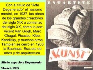 Con el título de “Arte
Degenerado” el nazismo
mostró, en 1937, las obras
de los grandes creadores
del siglo XIX a comienzo
del siglo XX, como lo son:
Vicent Van Gogh, Marc
Chagal, Picasso, Klee,
Kandisky, y muchos otros.
También se cerró en 1933
la Bauhaus, Escuela de
artes y de arquitectura
Afiche expo Arte Degenerado
Munich 1937

 