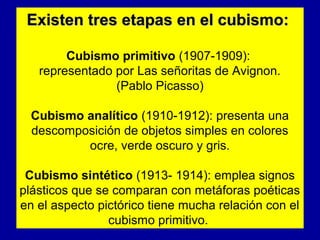 Existen tres etapas en el cubismo:
Cubismo primitivo (1907-1909):
representado por Las señoritas de Avignon.
(Pablo Picasso)
Cubismo analítico (1910-1912): presenta una
descomposición de objetos simples en colores
ocre, verde oscuro y gris.
Cubismo sintético (1913- 1914): emplea signos
plásticos que se comparan con metáforas poéticas
en el aspecto pictórico tiene mucha relación con el
cubismo primitivo.

 