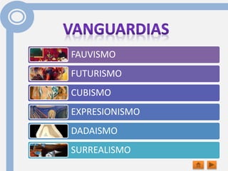 FAUVISMO
FUTURISMO
CUBISMO
EXPRESIONISMO
DADAISMO
SURREALISMO
 
