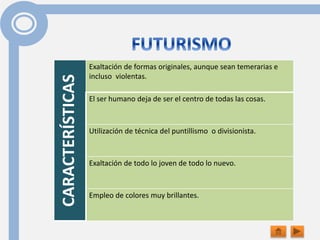 CARACTERÍSTICAS Exaltación de formas originales, aunque sean temerarias e
incluso violentas.
El ser humano deja de ser el centro de todas las cosas.
Utilización de técnica del puntillismo o divisionista.
Exaltación de todo lo joven de todo lo nuevo.
Empleo de colores muy brillantes.
 