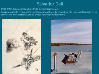 Salvador Dalí
1904-1989.Figuras imposibles fruto de su imaginación.
Imagen múltiple o paranoica: método espontáneo de conocimiento irracional basado en la
asociación interpretativo-crítica de los fenómenos del delirio”
 