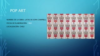 POP ART
NOMBRE DE LA OBRA: LATAS DE SOPA CAMPBELL
FECHA DE ELABORACIÓN: 1962
LOCALIZACIÓN: CHILE
 