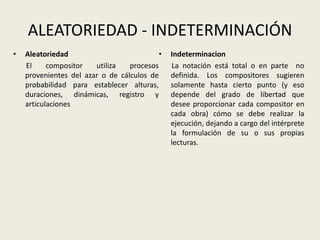 ALEATORIEDAD - INDETERMINACIÓNAleatoriedad       El compositor utiliza procesos    provenientes del azar o de cálculos de probabilidad para establecer alturas, duraciones, dinámicas, registro y articulaciones Indeterminacion       La notación está total o en parte no definida. Los compositores sugieren solamente hasta cierto punto (y eso depende del grado de libertad que desee proporcionar cada compositor en cada obra) cómo se debe realizar la ejecución, dejando a cargo del intérprete la formulación de su o sus propias lecturas.  